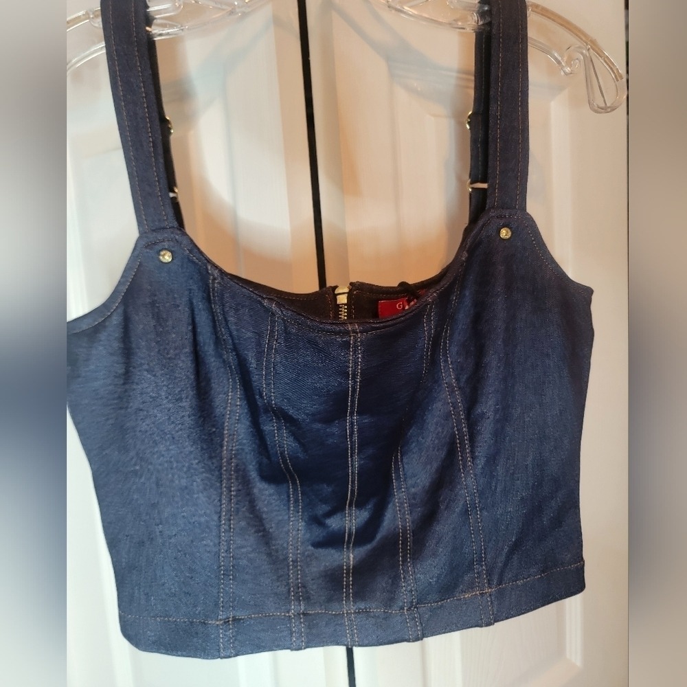 ♡Guess Selma Corset Top Blue Denim Zip Front‎ Bustier Medium R4BP57KC020